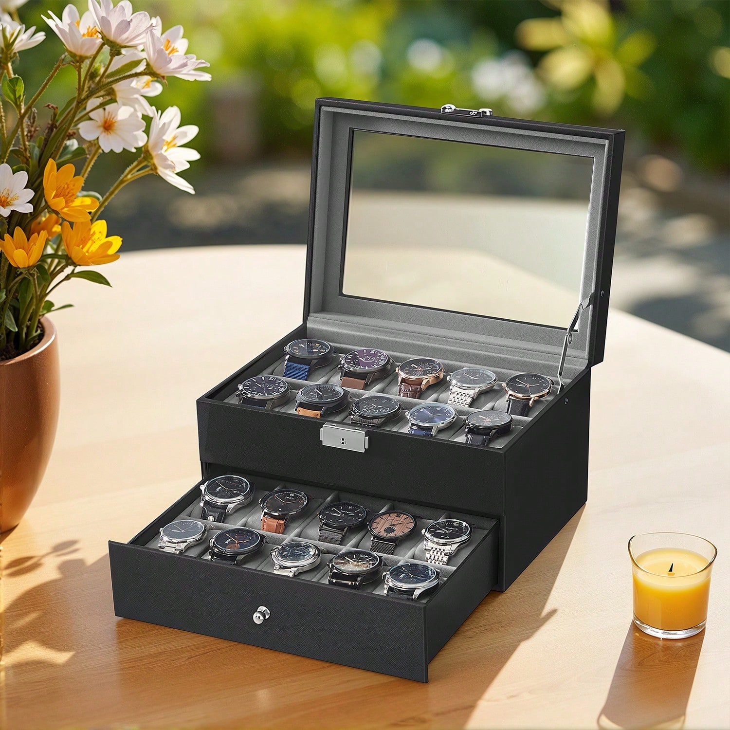 Jewelry Watches Men - 20-Fächer Uhrenbox mit Glasdeckel & Schloss,