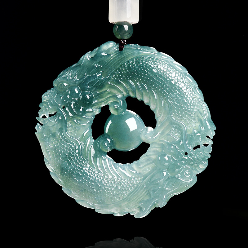 Necklace Pendant - Natürlicher echter Smaragd, blaue Wasserjade, Doppeldrachen-Markenanhänger,