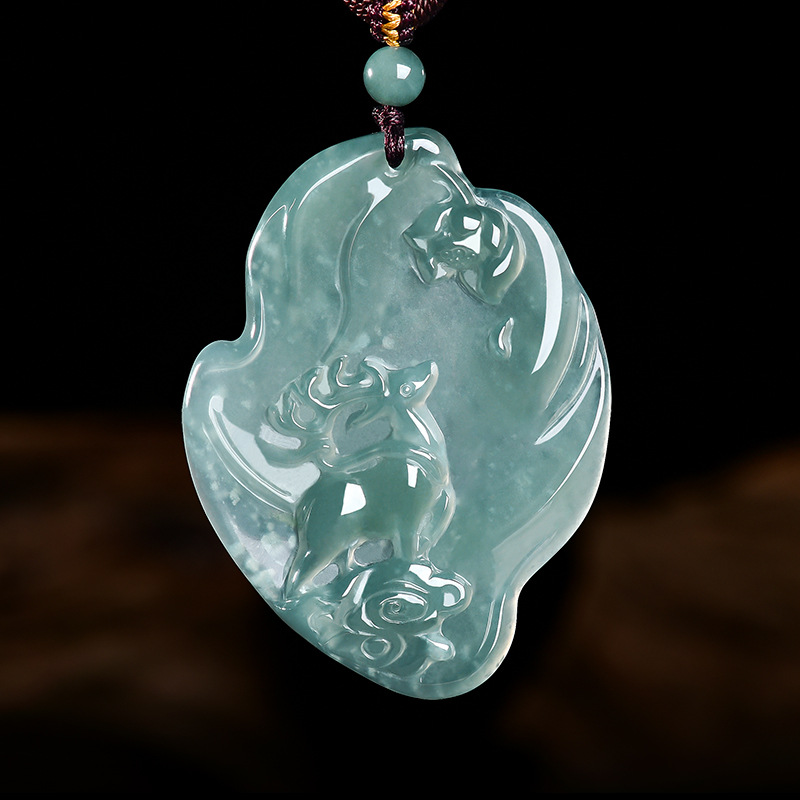 Necklace Pendant - Echte Natürliche Smaragd-Jade Blauwasser-Sika-Hirsch Anhänger Halskette