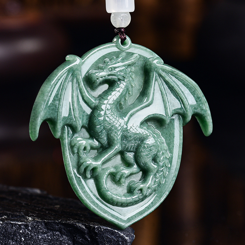 Necklace Pendant - Natürliche burmesische Jadeit-Drachen-Anhänger-Halskette, Edelstein-geschnitztes Amulett, Vintage-Luxus,