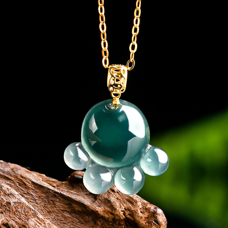 Necklace Pendant - Natürlicher Echter Smaragd Blaue Wasserjade Katzenpfoten-Anhänger