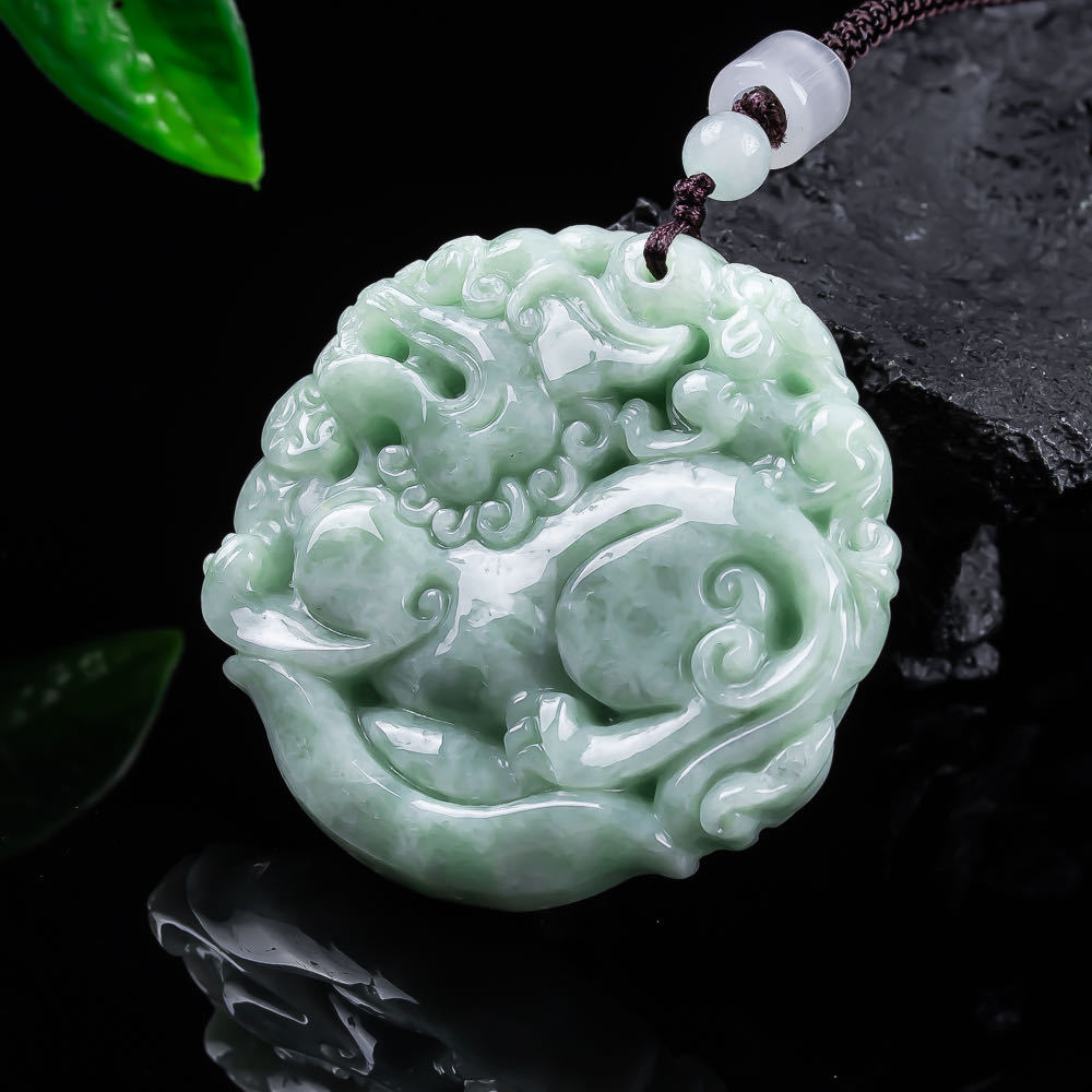 Necklace Pendant - Natürliche Myanmar Jadeit Pixiu Anhänger-Halskette, geschnitztes